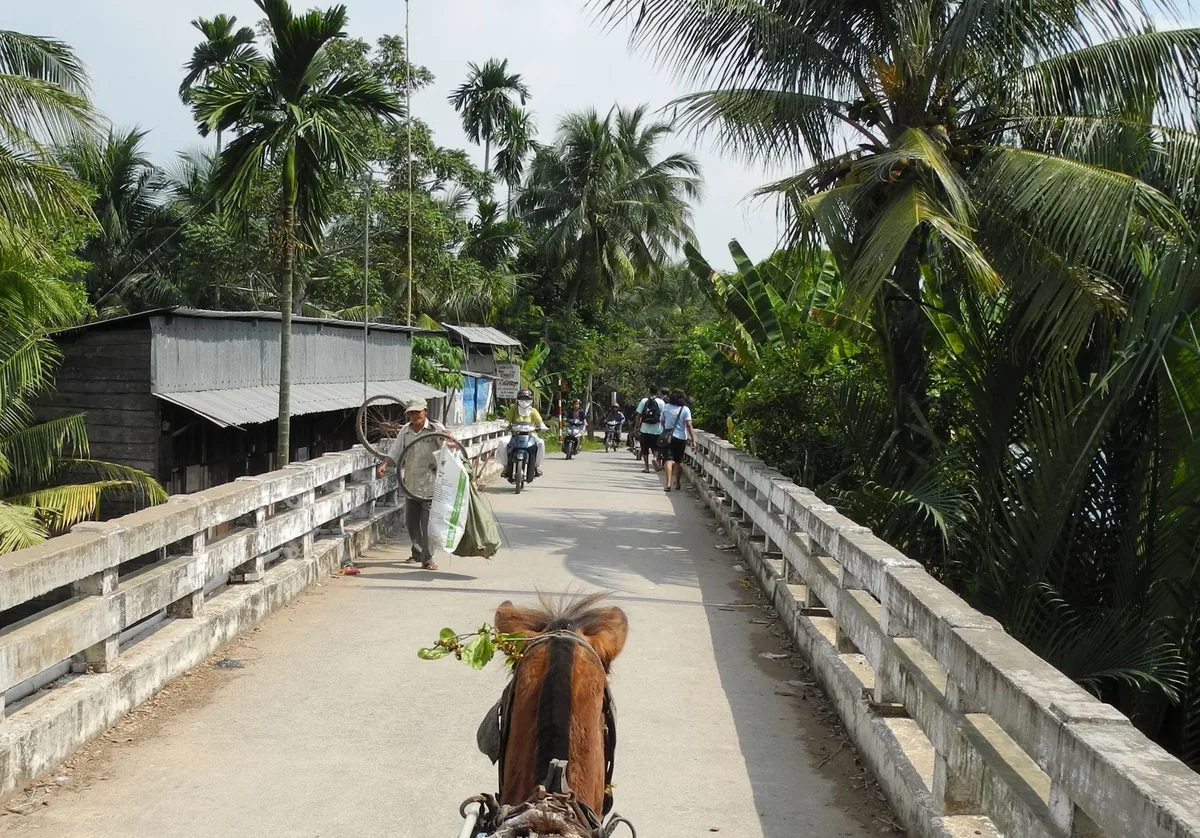 A horse-drawn carriage crosses a narrow concrete bridge lined with palm trees in the Mekong Delta near Ben Tre.